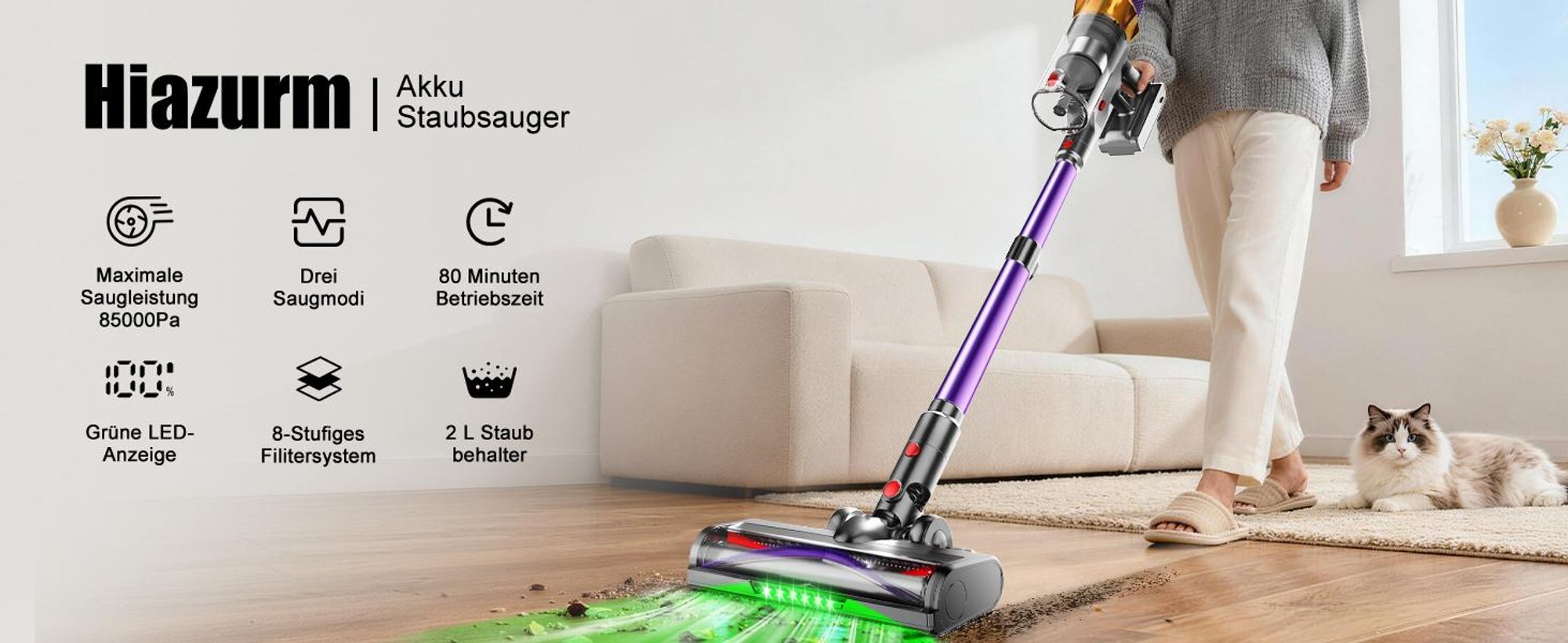 Hiazurm Akku Staubsauger, 85000Pa Staubsauger kabellos mit Touchscreen, HEPAx4, 80Min, Schlauchbürste, Staubsauger, 2L, Anti-Tangle-Staubsauger