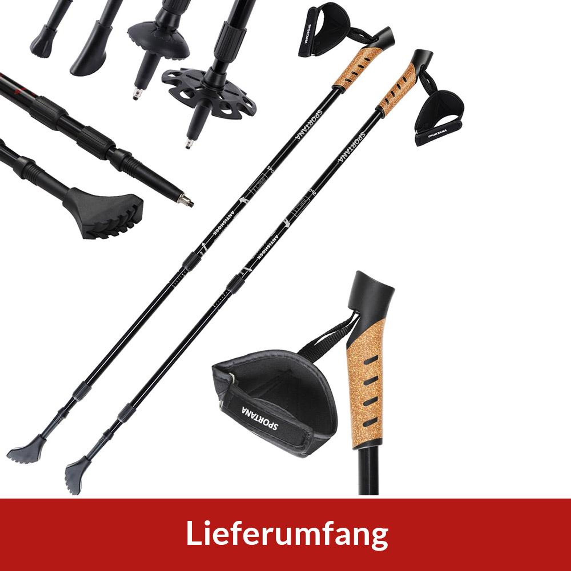 SPORTANA® Wanderstöcke Teleskop Aufsätze Gummipuffer Nordic Walking Stöcke Verstellbar 68-135cm Dämpfung Leicht Alu Kork Herren Damen Trekkingstöcke