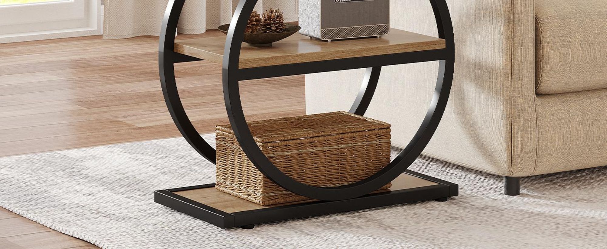 Tavolino a 3 livelli Tribesigns, tavolo da divano in legno industriale con struttura in metallo rotonda per soggiorno, camera da letto, colore rovere