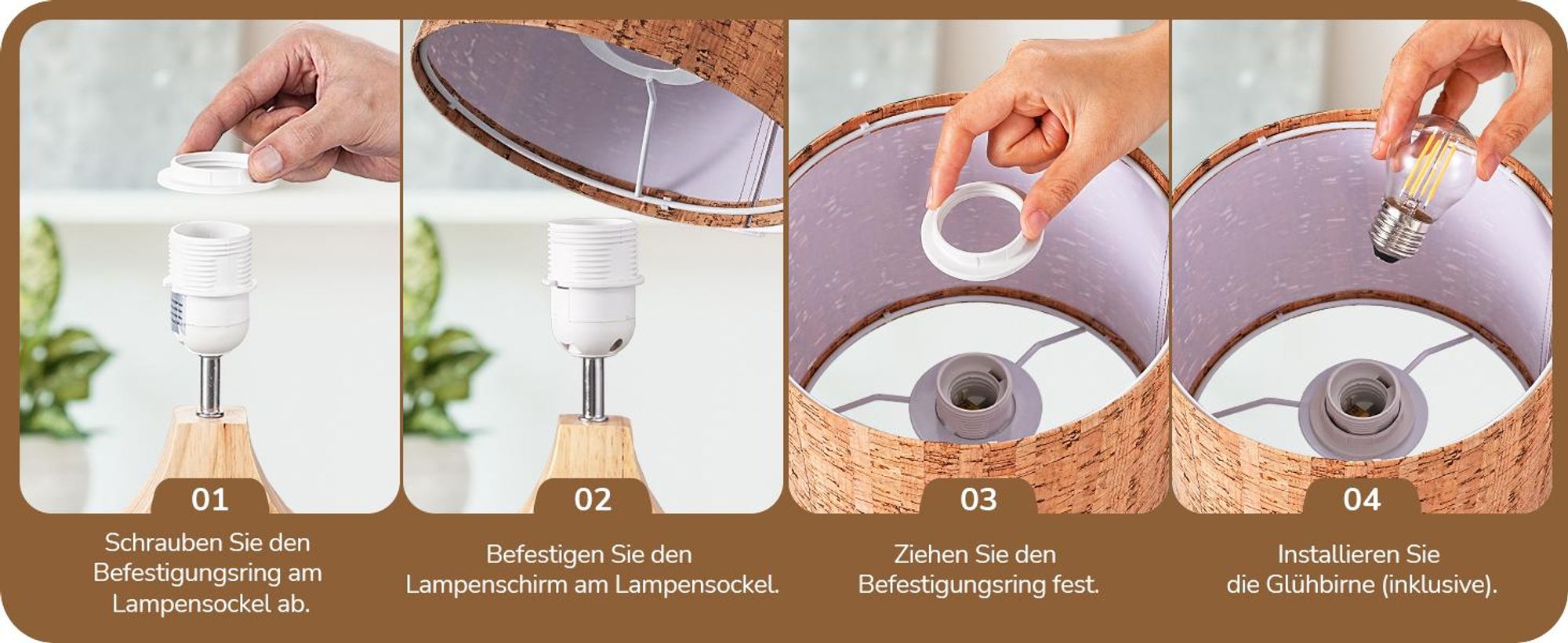 EDISHINE Nachttischlampe Holz, Tischleuchte in Rindenoptik, inkl. LED-Birne, 34 cm