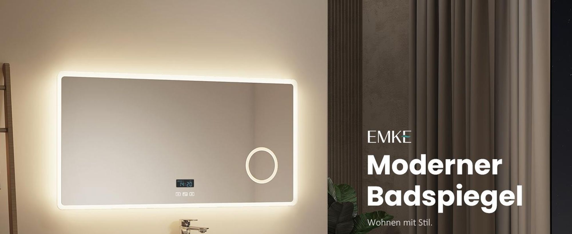 EMKE Badspiegel mit 3X Vergrößerung Touchschalter 3 Lichtfarben Dimmbar Antibeschlag Uhr Bluetooth 100X60cm