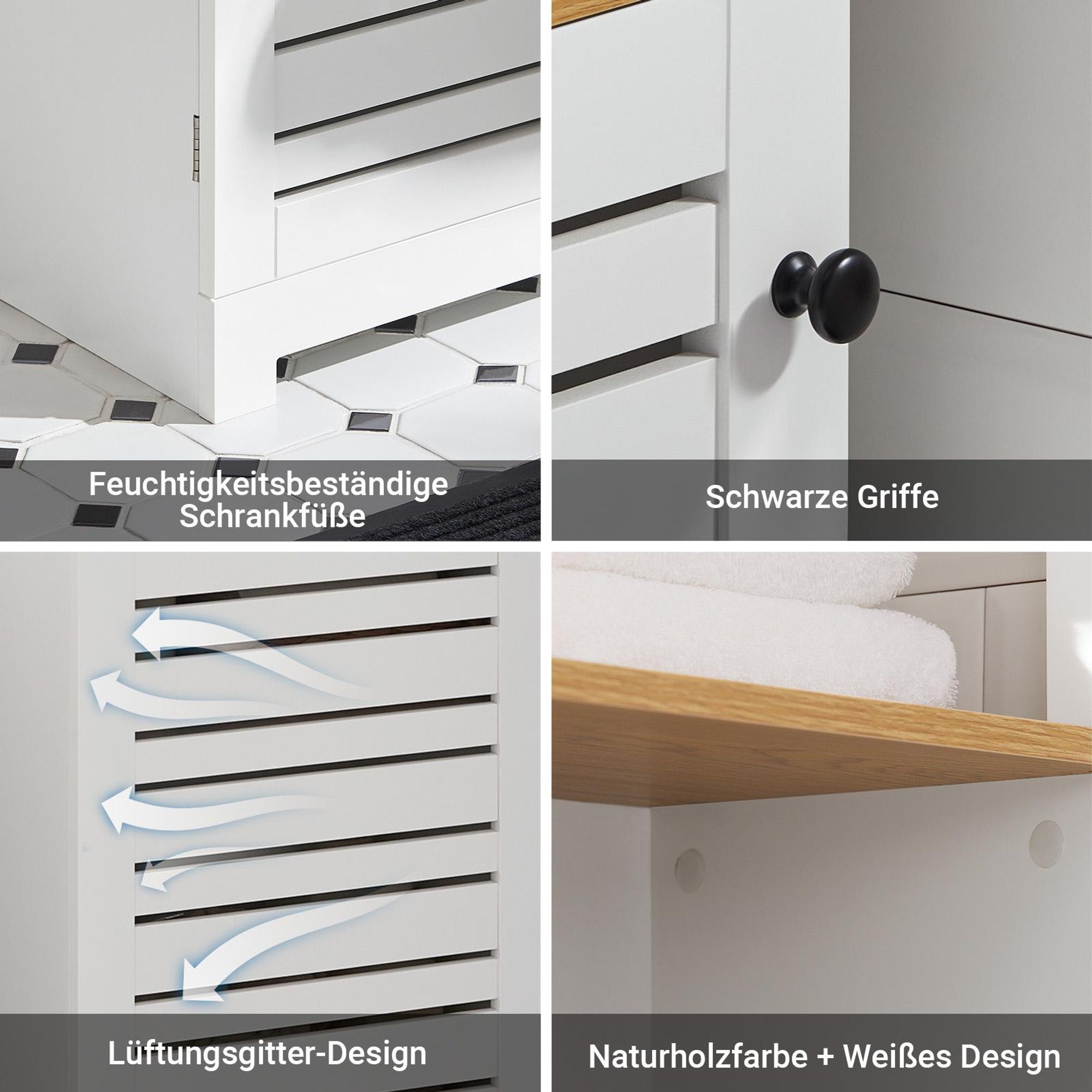 SoBuy Badezimmerschrank hoch und schmal Bad Hochschrank mit Lamellentür und offenen Fächern, platzsparender Badschrank, Weiß-Natur BZR43-W