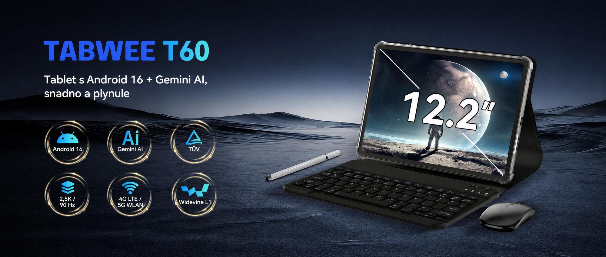 Tablet T60 s operačním systémem Android 16, 12,2" displej s rozlišením 2,5K, 48 GB RAM + 256 GB interní paměti + možnost rozšíření pomocí karty TF o 2 TB, osmijádrový procesor, baterie s kapacitou 10 000 mAh a umělá inteligence Gemini