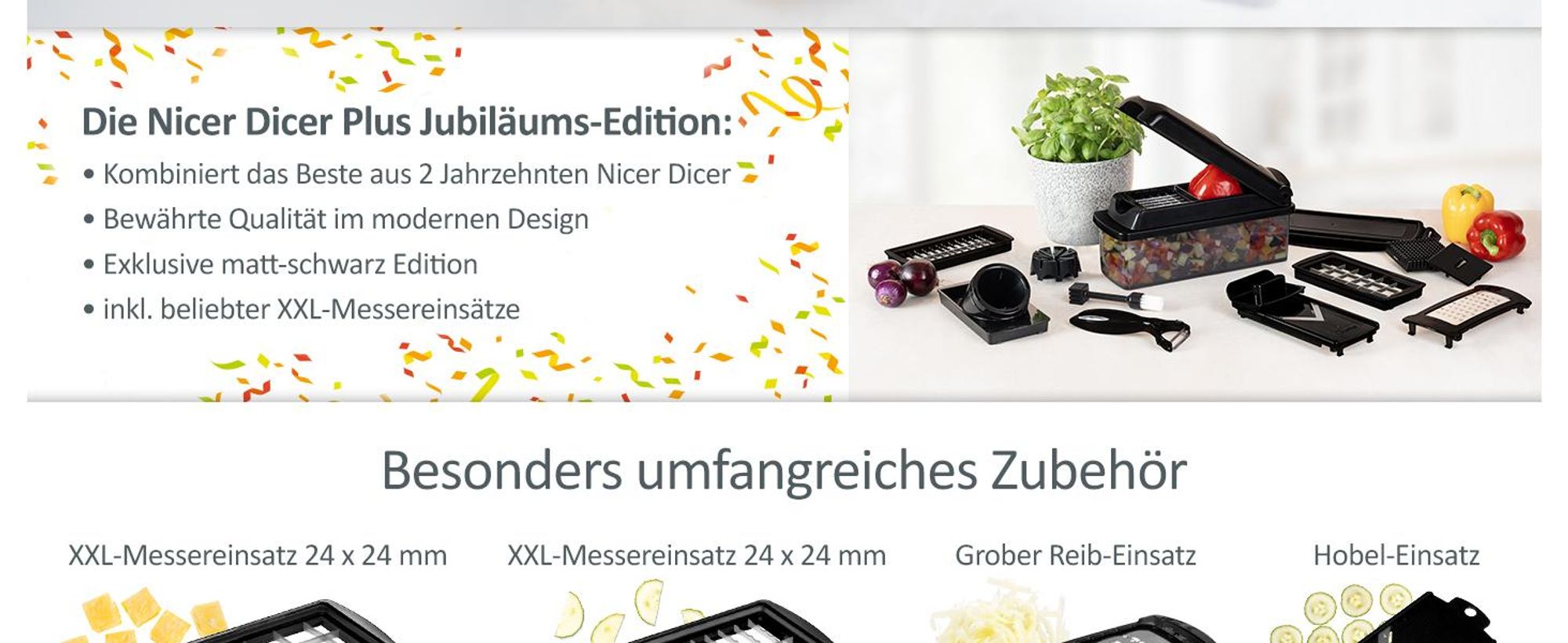 Genius Nicer Dicer Plus Gemüseschneider 17-tlg Jubiläums-Edition – Gemüsehobel Reibe mit 1.5L Auffangbehälter mit Deckel, Spiralschneider