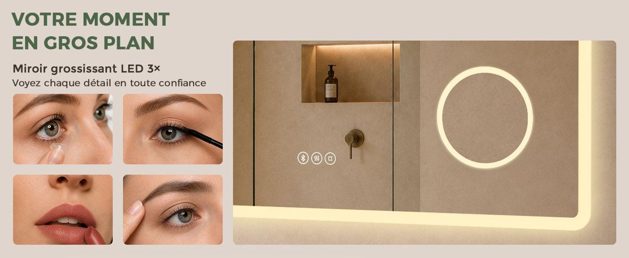 S'AFIELINA Miroir salle de bain LED avec Bluetooth 5.3, 120 × 60 cm, Miroir grossissant 3×, antibuée, 3 couleurs, intensité réglable, tactile & mémoir