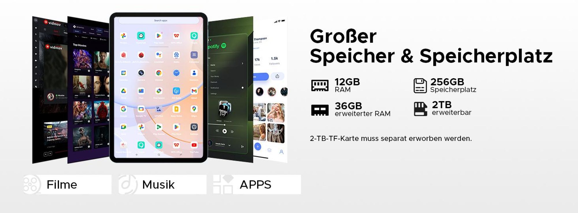 P13 Pro 4G LTE Dual-SIM Tablet Android 16, 13.4" 2.4K+120Hz, 48GB(12+36)RAM+256GB ROM(2TB TF),12000mAh,Widevine L1,Gemini AI–mit Tastatur,Maus,Stift
