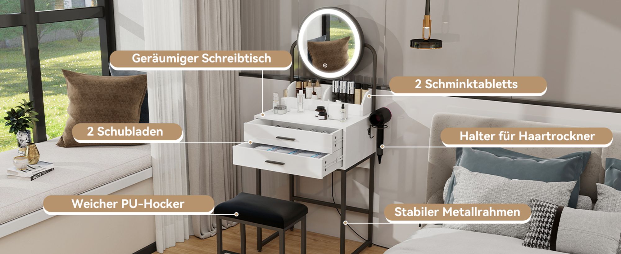 Puluomis Schminktisch mit LED-Beleuchtung, 3 Farbmodi, Haartrocknerhalter, Kosmetiktisch Frisiertisch mit gepolstertem Hocker und Schubladen schwarz