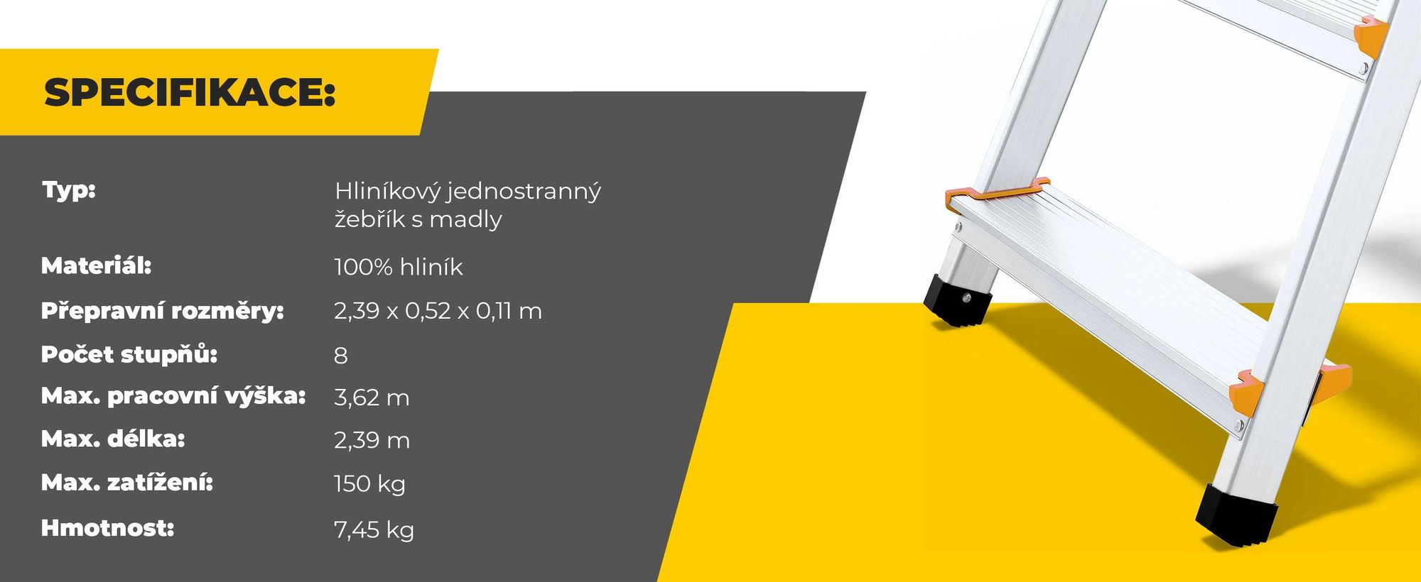 Drabest | Žebřík - 8 stupňů, nosnost 150 kg - žebřík s madly, hliníkový žebřík, protiskluzové nohy, žebřík, skládací žebřík