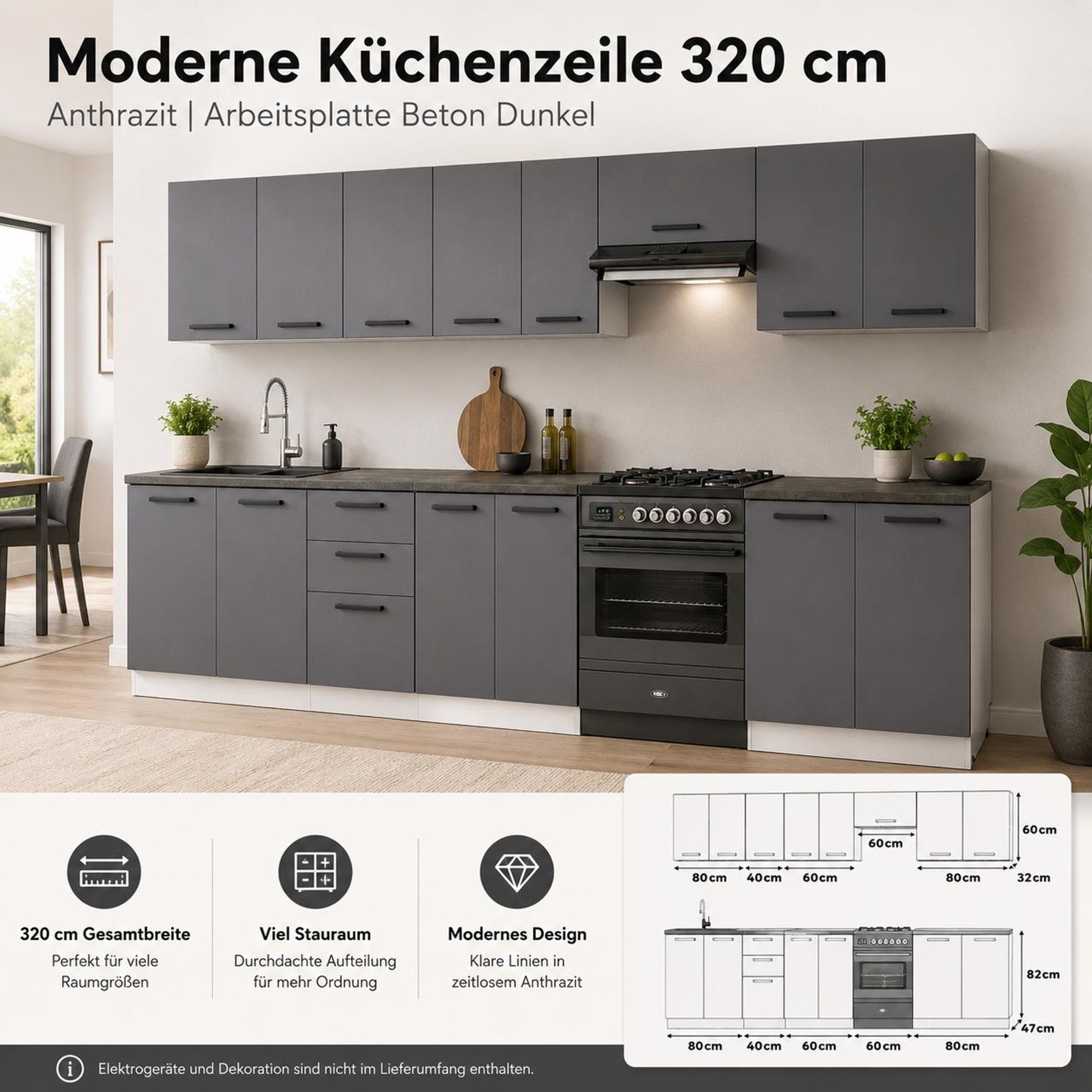Moderne Küchenzeile 320 cm Anthrazit mit Arbeitsplatte Beton Dunkel