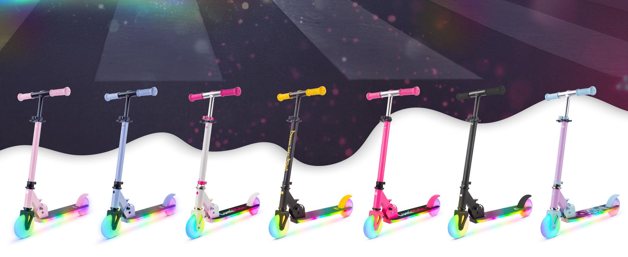 Monopattino per bambini LUMI RIDE monopattino a due ruote con ruote a LED, freni posteriori, regolabile in altezza, caricabile fino a 50 kg, pieghevole nero Sun Baby