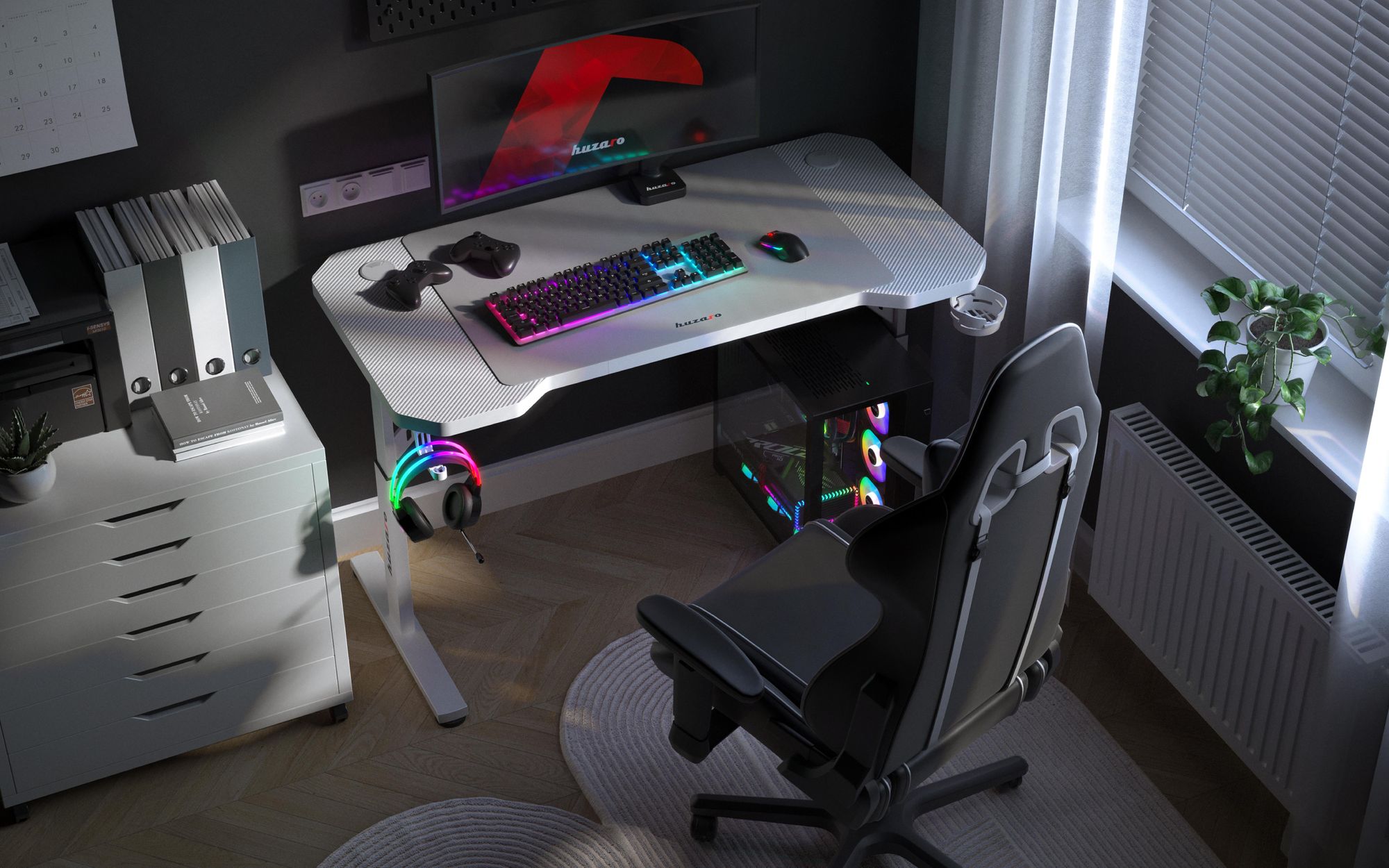 Huzaro Hero 2.6 | Gaming Tisch Schreibtisch | 120x60cm | Inklusive Mauspad | 3 Höhen | Kopfhörerhaken Getränkehalter | Kabeldurchführung | Weiß