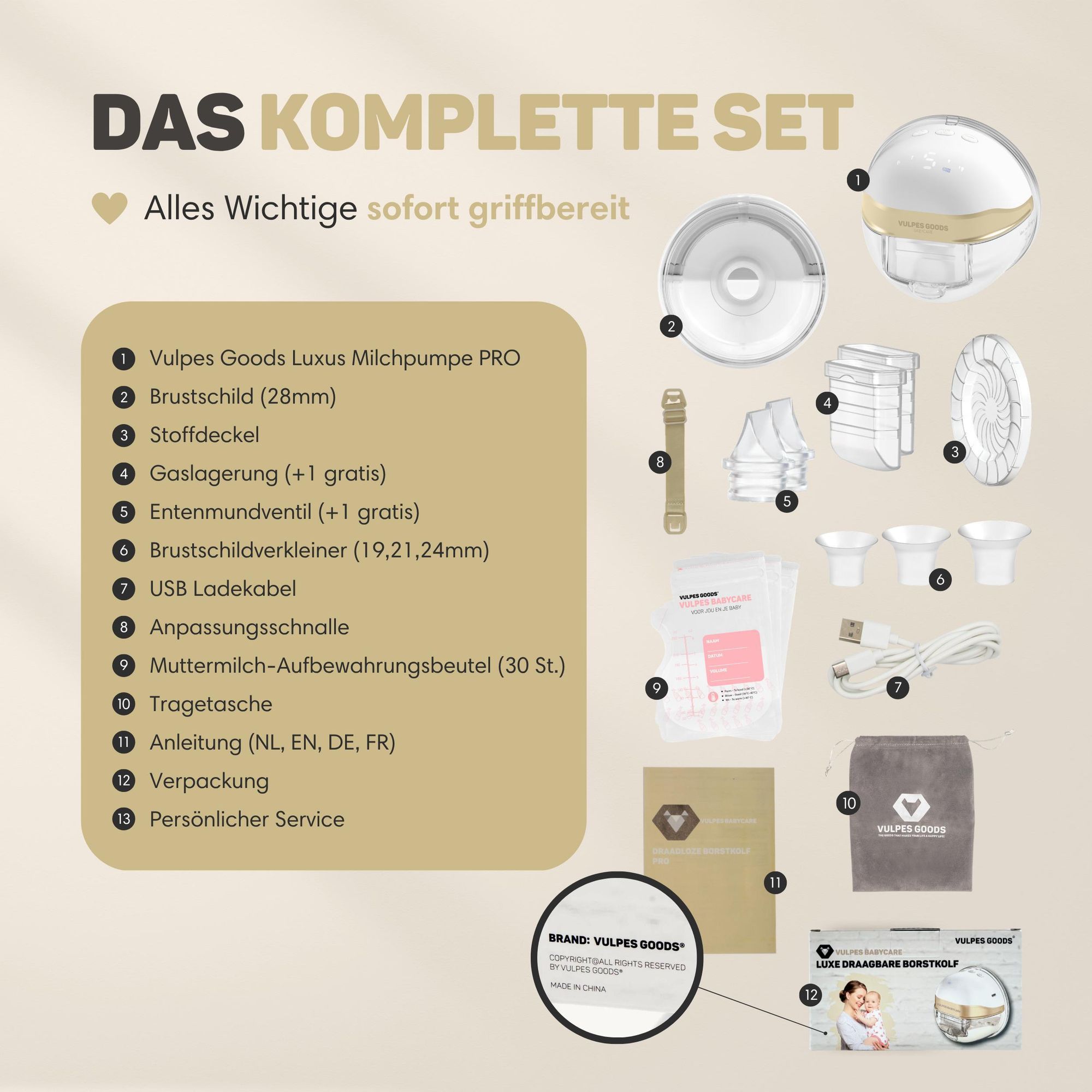 Vulpes Goods® Premium Elektrische Milchpumpe | Freihändige Milchpumpe und Auffangschalen für Muttermilch | Wiederaufladbare Milchpumpe mit Smartphone-