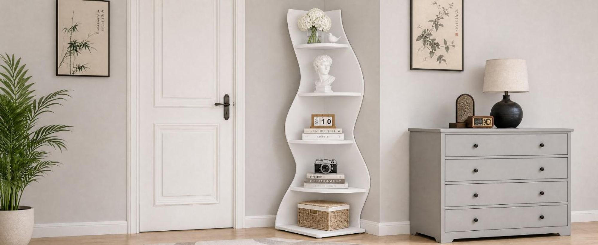 Tribesigns Scaffale ad angolo, altezza 183 cm, scaffale portaoggetti, libreria, porta piante, mobile organizzatore, 5 livelli, moderno, per casa, ufficio, soggiorno, bianco