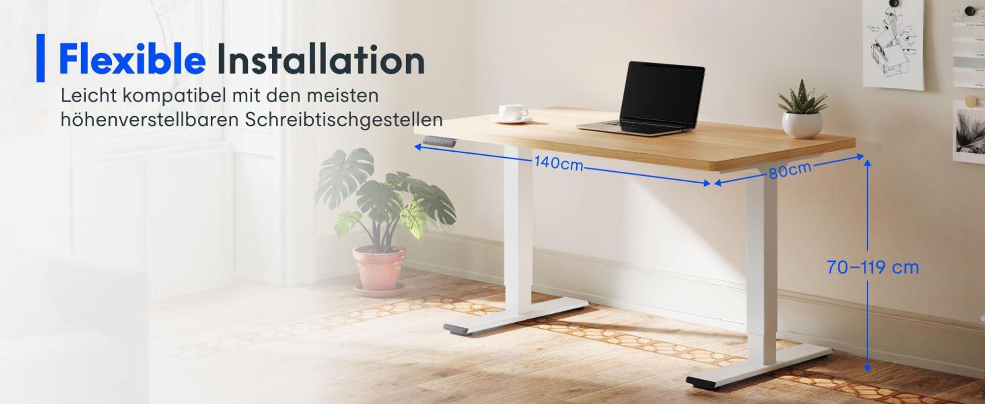 FLEXISPOT Höhenverstellbarer Schreibtisch  EU, 22mm Einteilige Tischplatte 140x80cm, Elektrisch mit 2 starken Motoren, 4 Memory-Funktion(Ahorn)