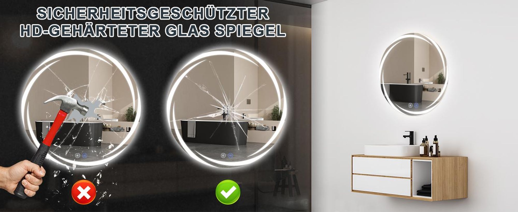 ZMH Koupelnové zrcadlo s osvětlením Koupelnové zrcadlo Kulaté Kulaté 70 cm LED zrcadlo Touch Stmívatelné světlo Bez zamlžování Kulaté zrcadlo Osvětlené pro koupelny
