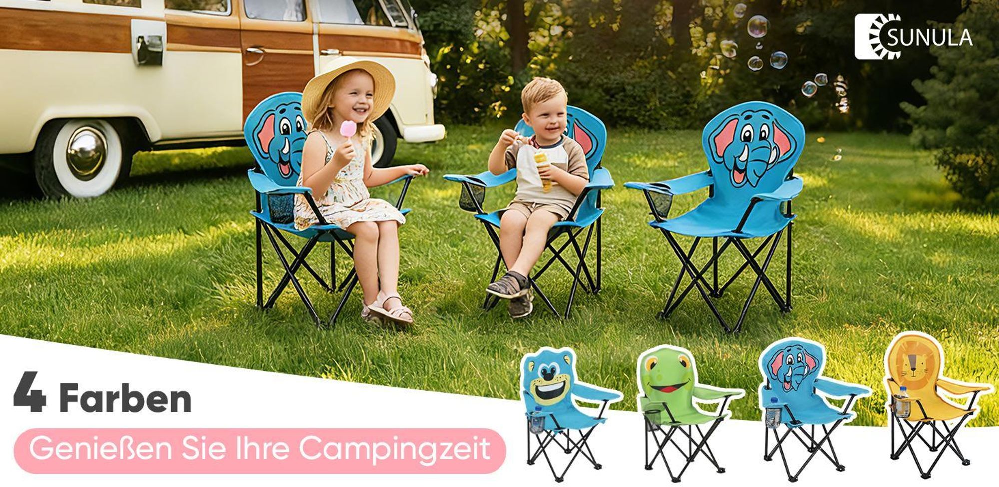 Sunula Kinder Campingstuhl mit Getränkehalter, Anglersessel Kinder Klappstuhl, Blau - Elefant