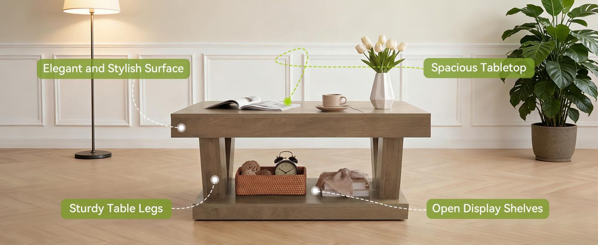 Couchtisch, Landhaus-Couchtisch mit großer Ablagefläche, moderner 2-stöckiger Couchtisch aus rustikalem Holz für Wohnzimmer und Homeoffice