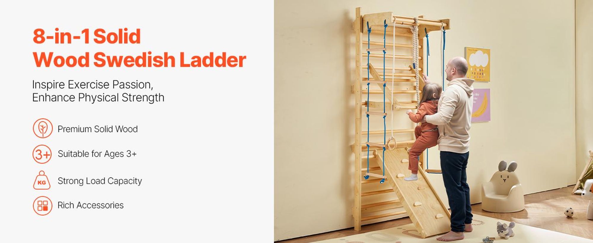 VEVOR Schwedische Leiter Wandgymnastik, 8-in-1 15 Stufen Massivholz Indoor Dschungelgymnastik, 220LBS Wand-Stangen-Kletterspielset mit Wandleiter, Rutschbrett, Klimmzugstange, Gymnastikringen, Schaukelsitz, Seilleiter, 15-lagiger Griffstab