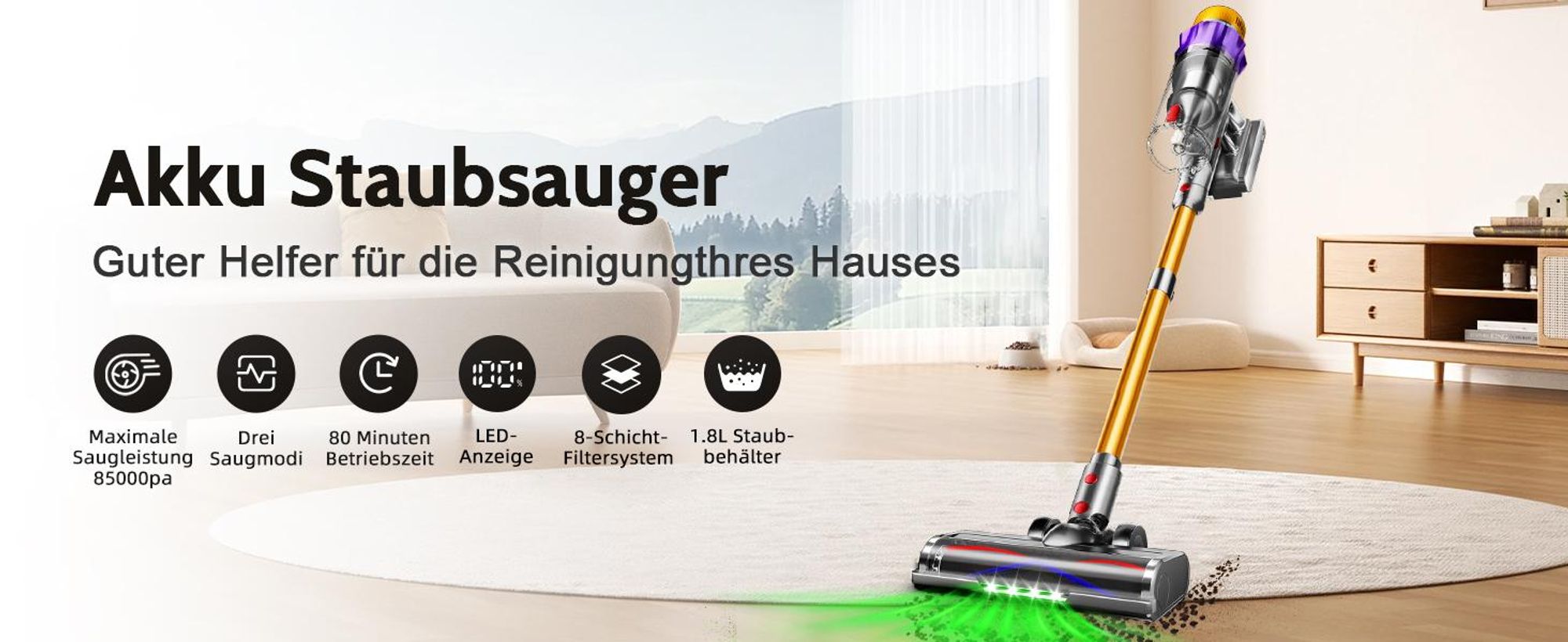 Aiibot Akku Staubsauger, 85000Pa/80Mins/750W Staubsauger Kabellos mit Smart Display , 50dB Ultraleiser Staubsauger mit Anti-Tangle-Bürste, 3 Saugmodi