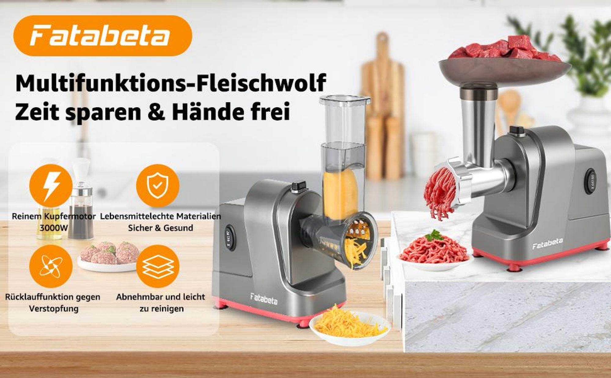 FATABETA Fleischwolf 3000 W Edelstahl, 2-in-1 Fleischwolf & Wurstfüller mit Gemüseschneider, leistungsstarke Küchenmaschine für frisches Hackfleisch