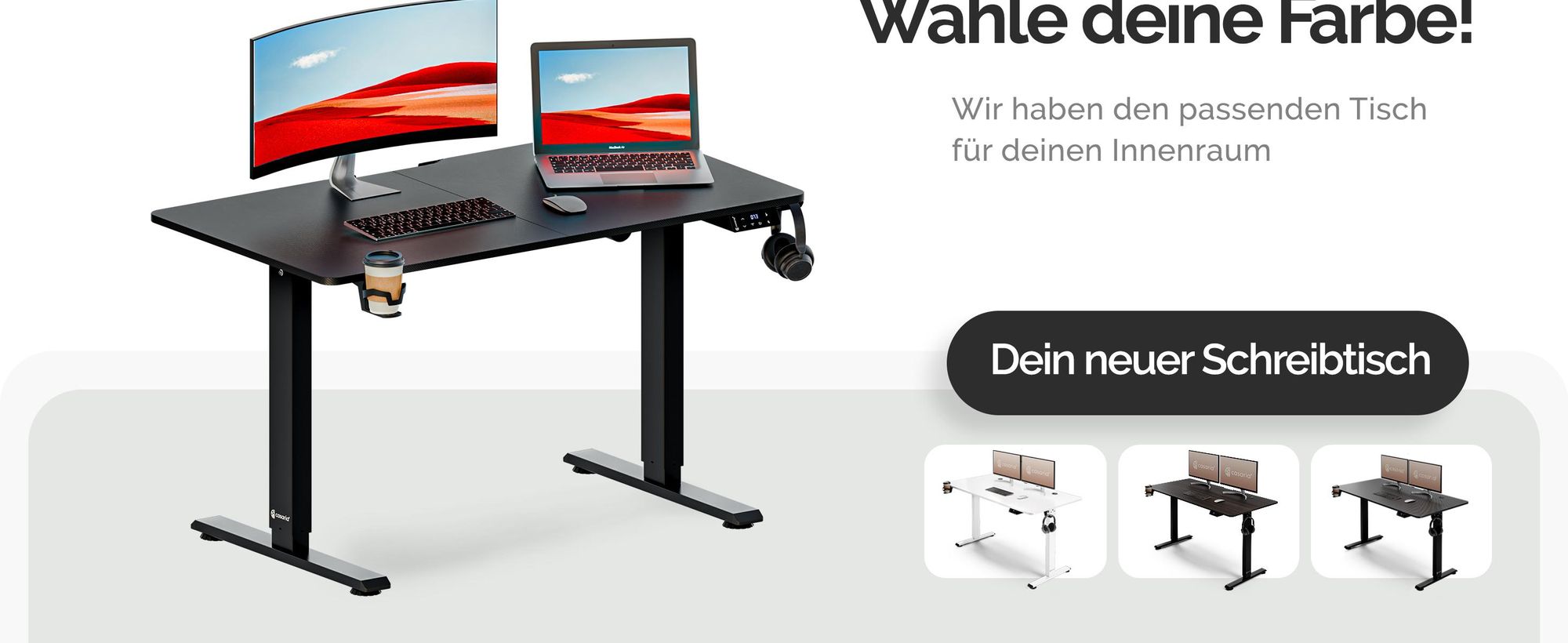 CASARIA® Höhenverstellbarer Schreibtisch Elektrisch, Schwarz – 110 cm x 60 cm – Memory Funktion – LCD Bedienelement mit Höhenanzeige – Getränke- & Kopfhörerhalter – Traglast 80kg, Stabile Konstruktion