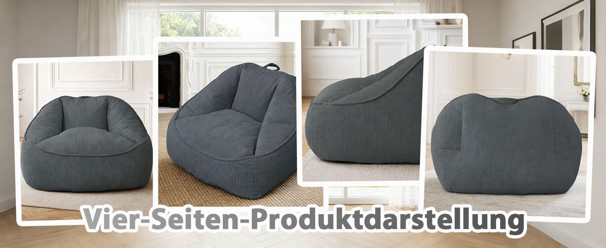 Übergroßer Sitzsack für Erwachsene, Füllung aus Schaumstoffflocken, flauschiges Bodensofa, birnenförmig, Grau