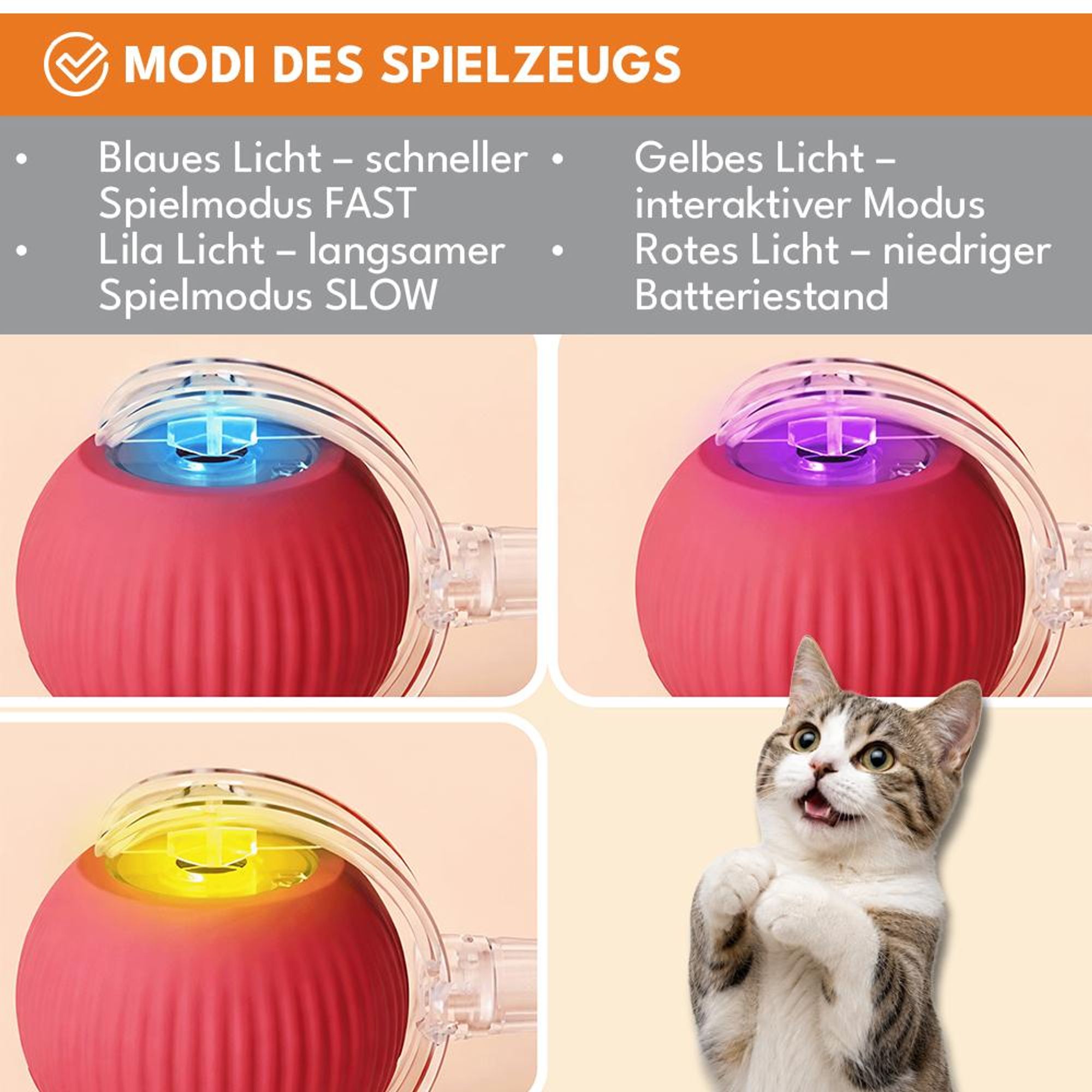 KRUMAD Interaktiver Katzenball mit LED und Schwanz, Elektrisches Katzenspielzeug USB Aufladbar, Spielball für Katzen Zuhause, Rot