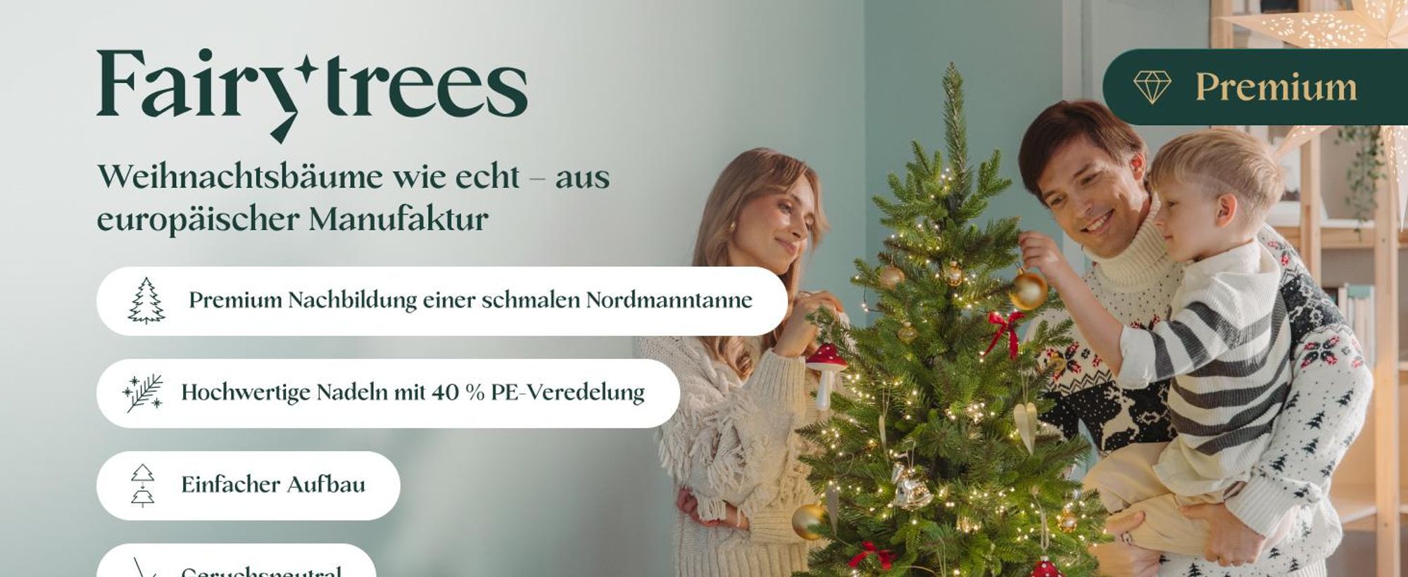 FAIRYTREES Weihnachtsbaum künstlich 180cm Nordmanntanne SLIM Premium | Tannenbaum Holzständer |  EU | Christbaum künstlich mit Naturgetreue Spritzguss Elemente