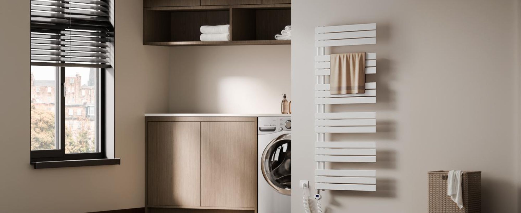 S'AFIELINA Radiatore elettrico per asciugamani 1041×400 mm, Radiatore elettrico per bagno con termostato, WiFi, timer programmabile, display LCD, 400 W, Bianco