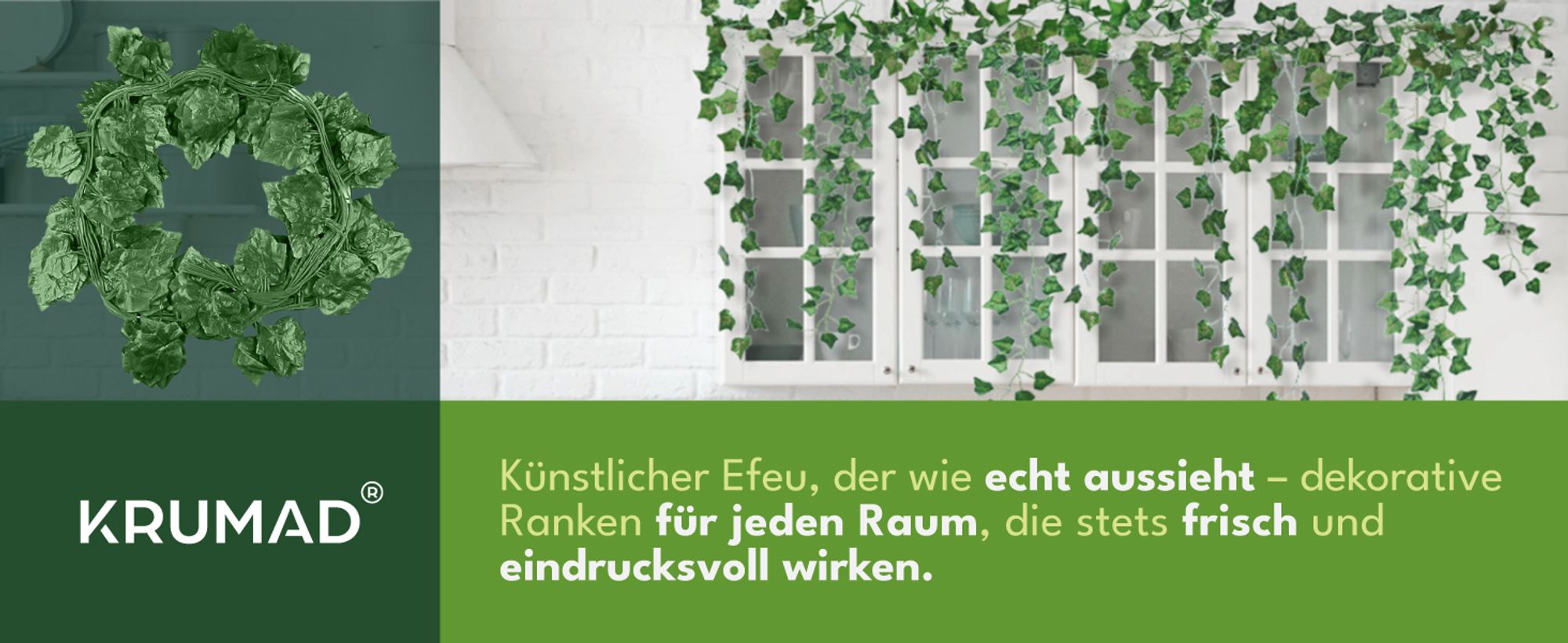 KRUMAD Künstlich Efeu Girlande 12 Stück Set 27 m Kunstpflanze Efeu Girlande für Balkon Garten Wanddeko Deko Wohnzimmer