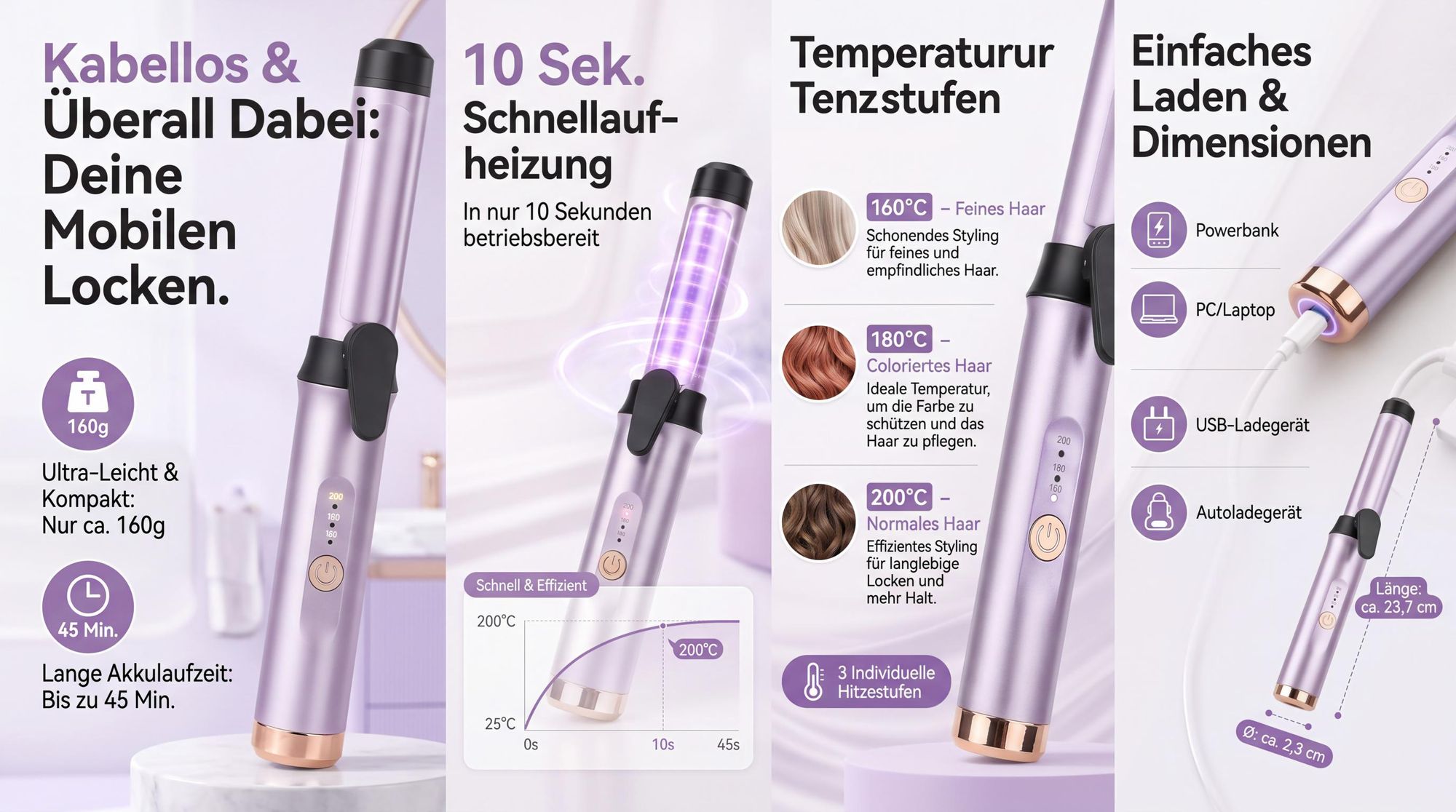 Lockenstab kabellos 22mm Reise Lockenstab, 3 Temperaturstufen Ionen Haarstyler, USB-C wiederaufladbar für kurze & lange Haare