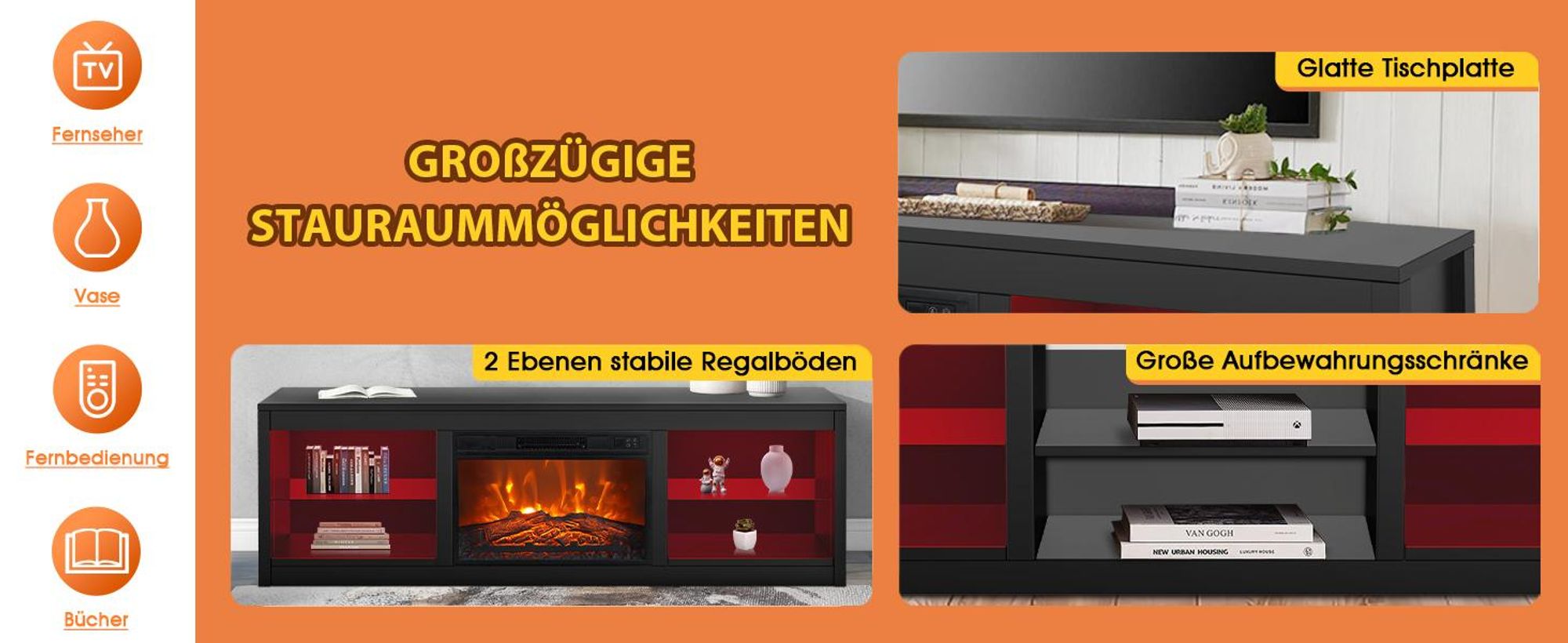 Parrot Uncle TV-Schrank für Fernseher bis 75 Zoll, MDF, Schwarz , mit 24" Elektrokamin und Farbwechselnde LED-Leiste, 168 x 42 x 56 cm, 54 kg Tragkraf