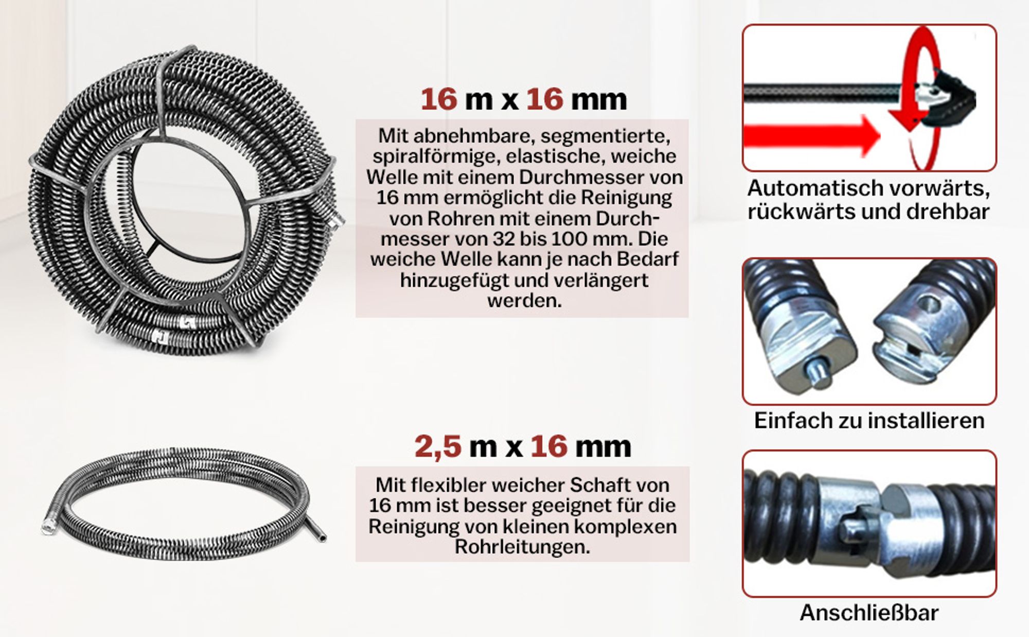400W 450U/min Elektrische Rohrreinigungsmaschine mit FI-Schalter für Ø30-100mm Rohrleitungen Rohrreiniger Abflussreiniger, Sspirale Ø10mm Ø16mm