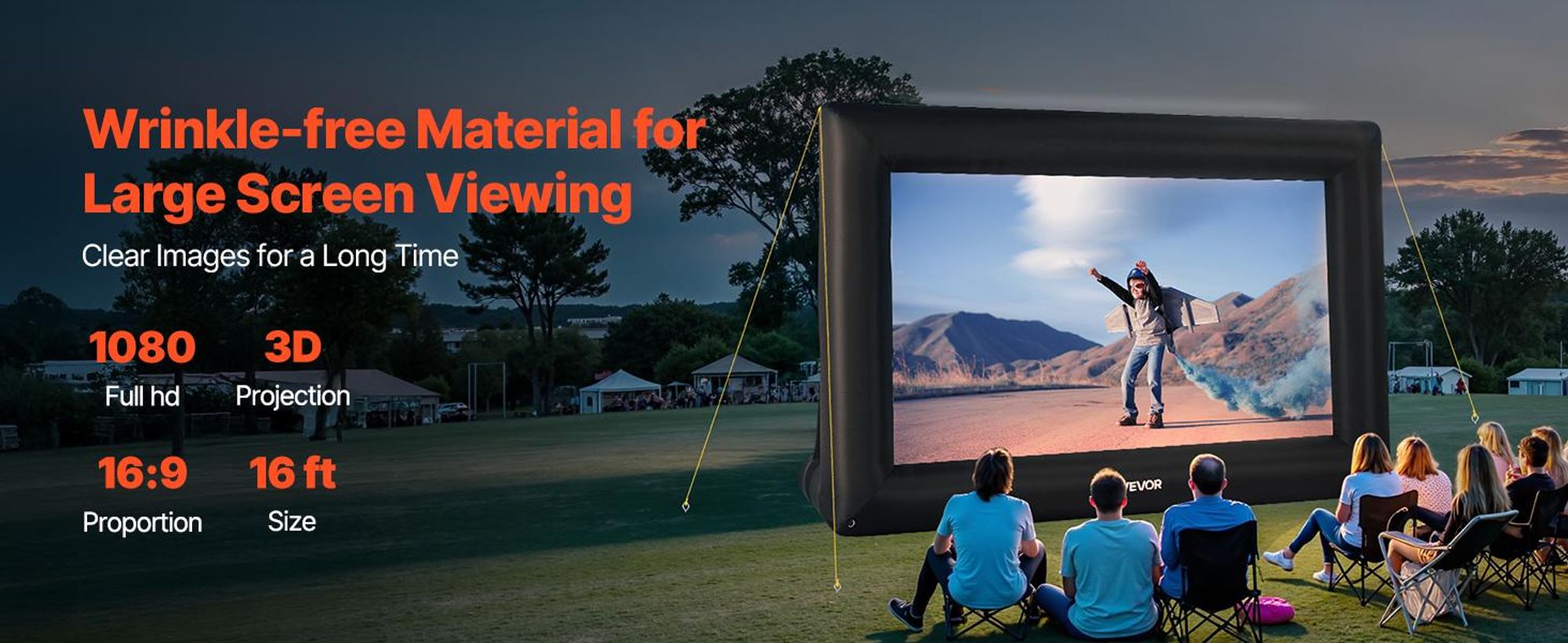 VEVOR 4,3 m aufblasbare Leinwand, 600D waschbare aufblasbare Projektionsleinwand mit tragbarer Aufbewahrungstasche, 16:9 einfache Einrichtung für Filmprojektionen im Freien, im Heimkino, bei Themenpartys, Poolspaß, 16 ft, Flacher Sockel-a