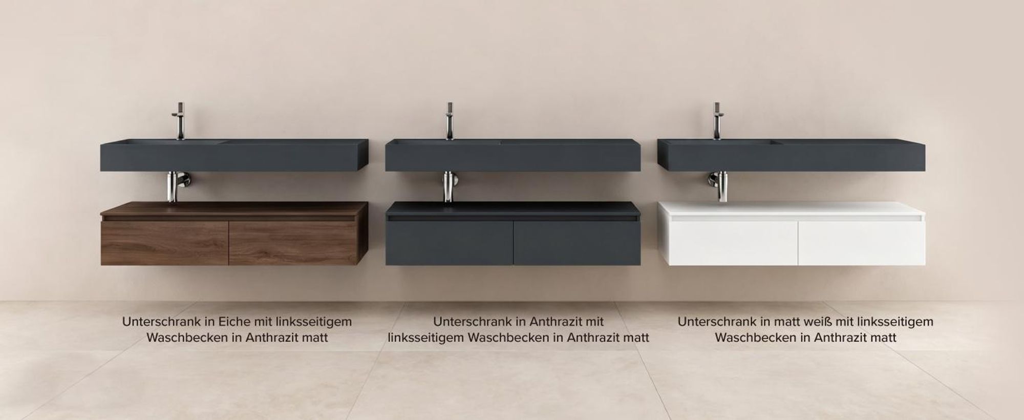 doporro Waschbecken-Unterschrank Badmöbel-Set in matt Anthrazit Design Waschplatz 150x48x25cm Badzimmerschrank inkl. Weiß mattMinralguss-Waschbecken UP