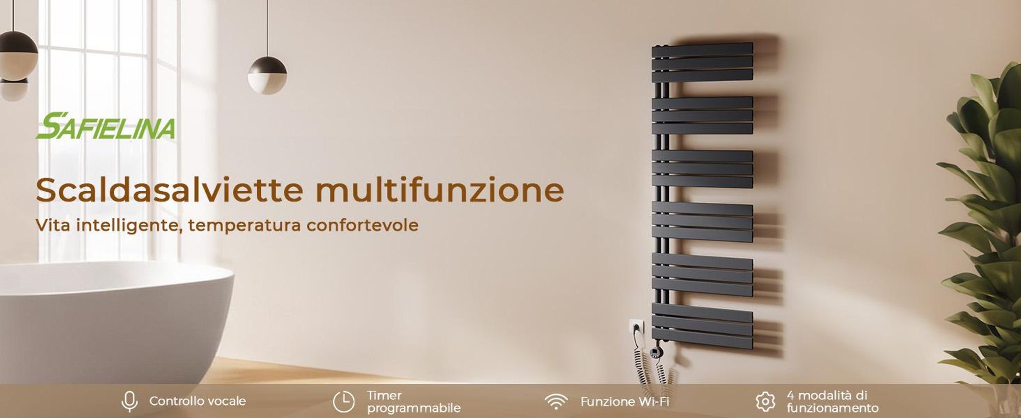 Toallero eléctrico de 1320 x 500 mm, 800 W, color antracita, con termostato, conexión Wi-Fi, temporizador y pantalla LCD – S'AFIELINA
