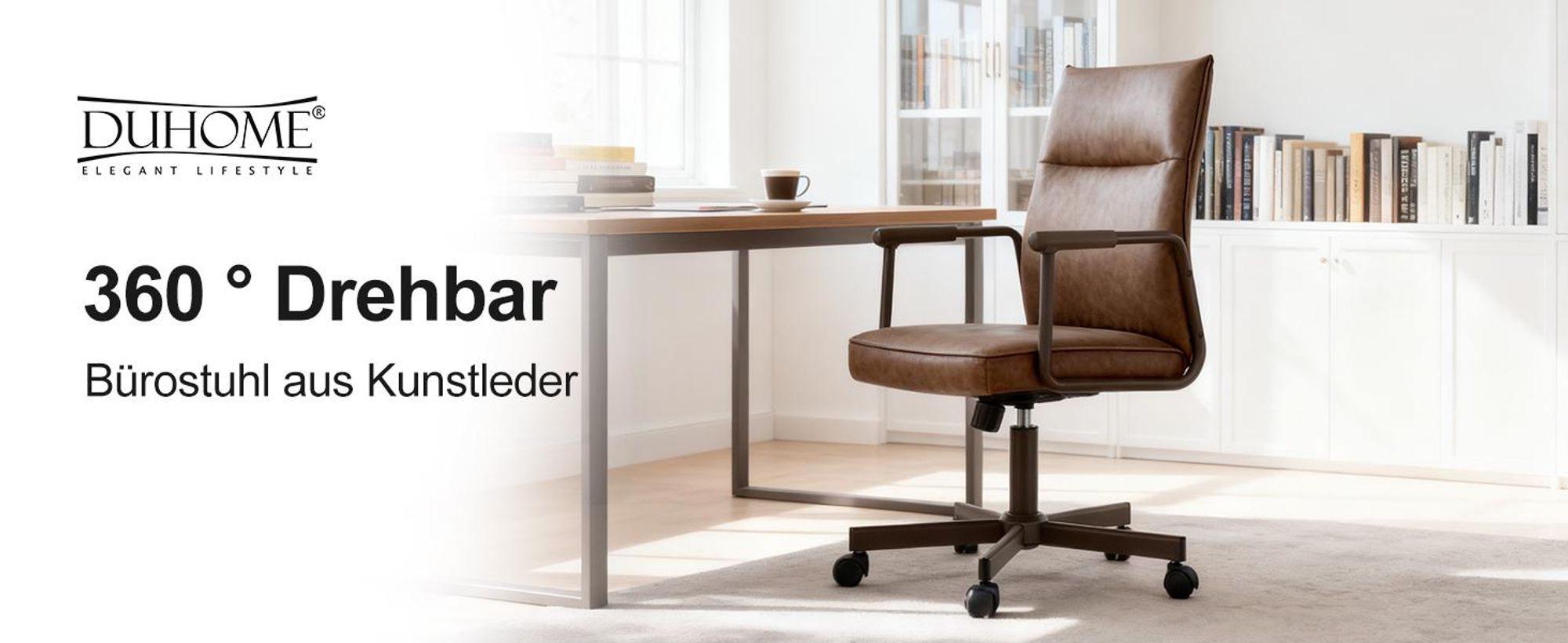 Duhome Schreibtischstuhl Ergonomisch Drehbar Bürostuhl Höhenverstellbar mit Armlehnen Drehstuhl mit Rollen für Büro Arbeitszimmer Office, Braun