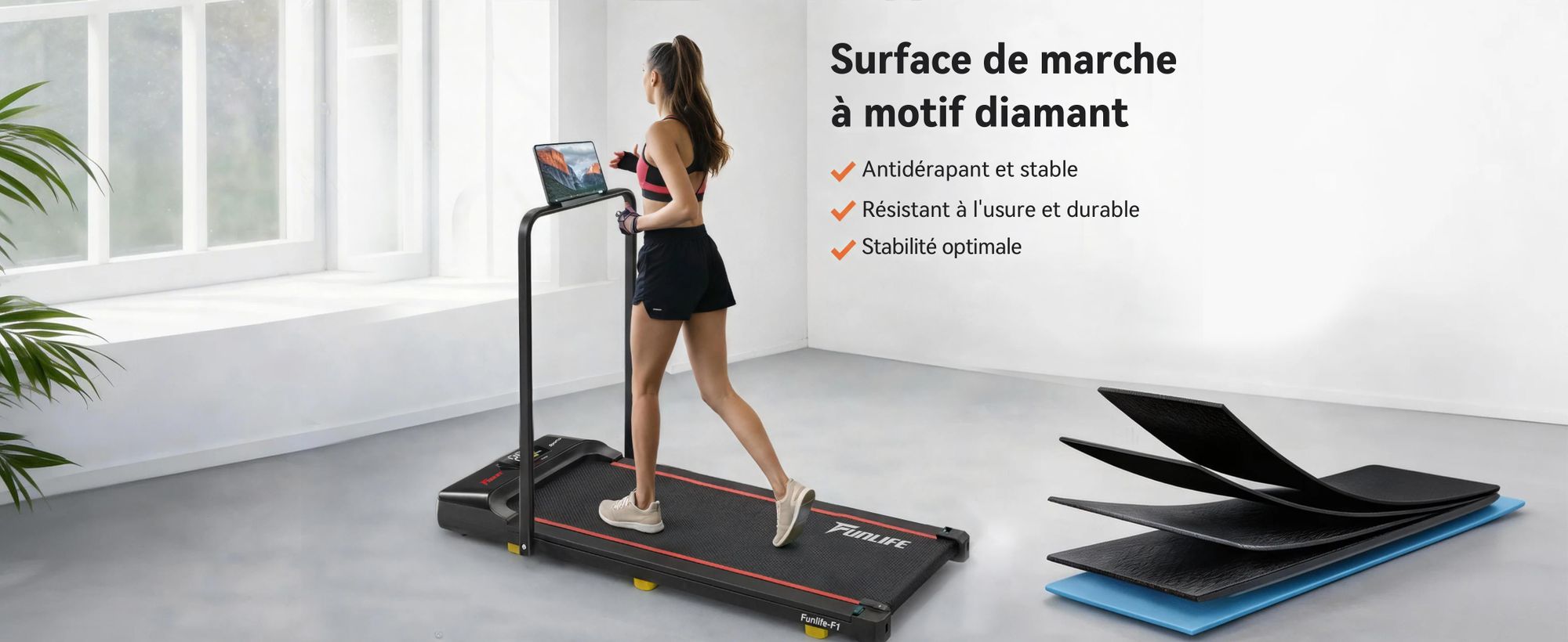 FunLife F1, tapis de course pliable pour marche – 3 en 1, avec poignée de maintien, vitesse de 1 à 8 km/h, compact et silencieux, idéal pour la maison, le bureau et le télétravail