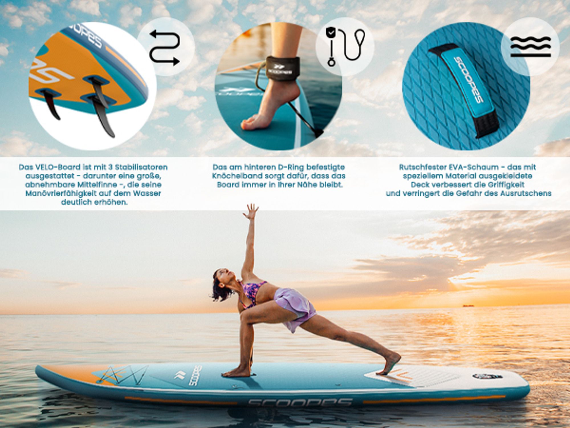 Paddle Board mit Beinring, Griff und Flossen