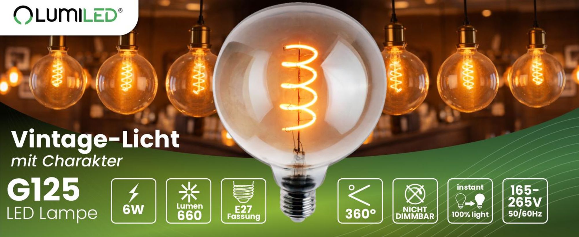 LUMILED 6 Stück LED Filament Leuchtmittel E27 G125 6W Ersetzt 50W 660lm 2200K Extra Warm Smokey Glas 360° Abstrahlwinkel – 6er Pack Globe Form Dekoratives Retro Licht Nicht dimmbar