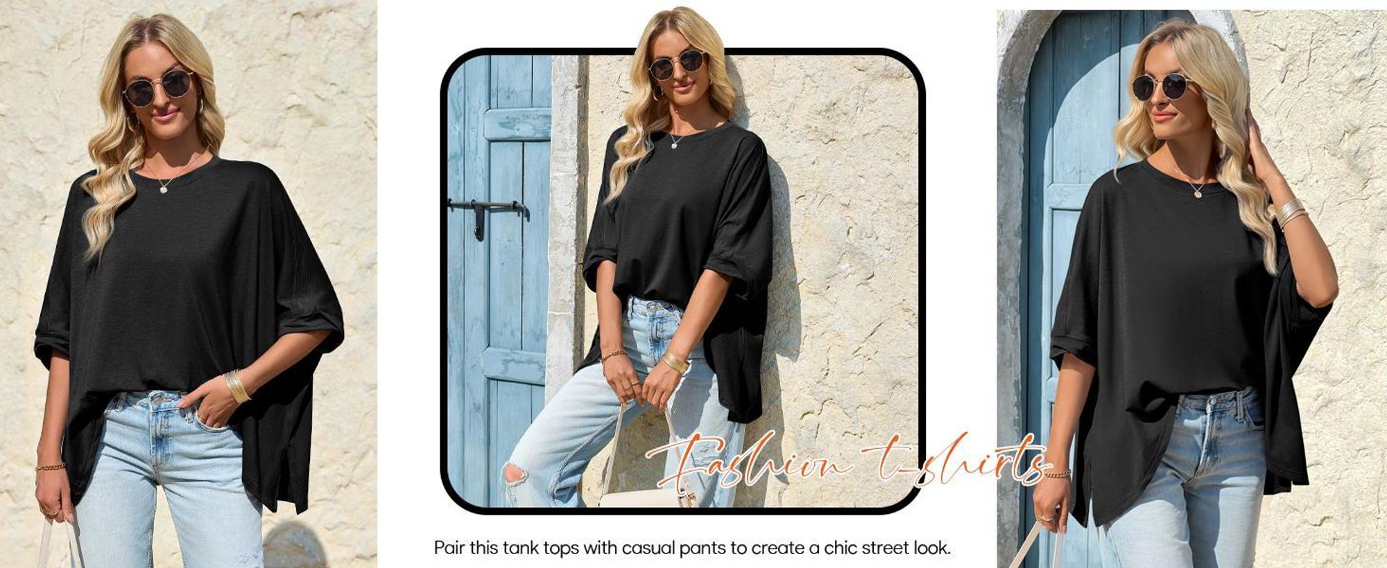 Oversize-T-Shirt für Damen mit Fledermausärmeln, asymmetrischem Saum und lockerer Passform