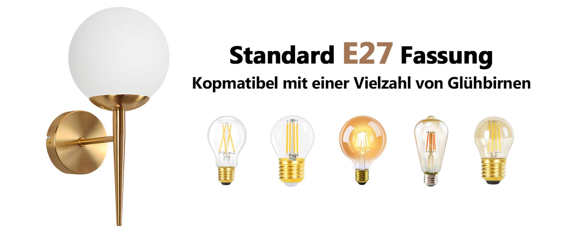 ZMH Wandleuchte Innen Wandlampe Schlafzimmer Wandbeleuchtung Glaskugel Treppenhaus Gold Vintage Flurlampe Badezimmer Glas Lampenschirm Modern Design E27 Beleuchtung für Flur Bad Ohne Leuchtmittel