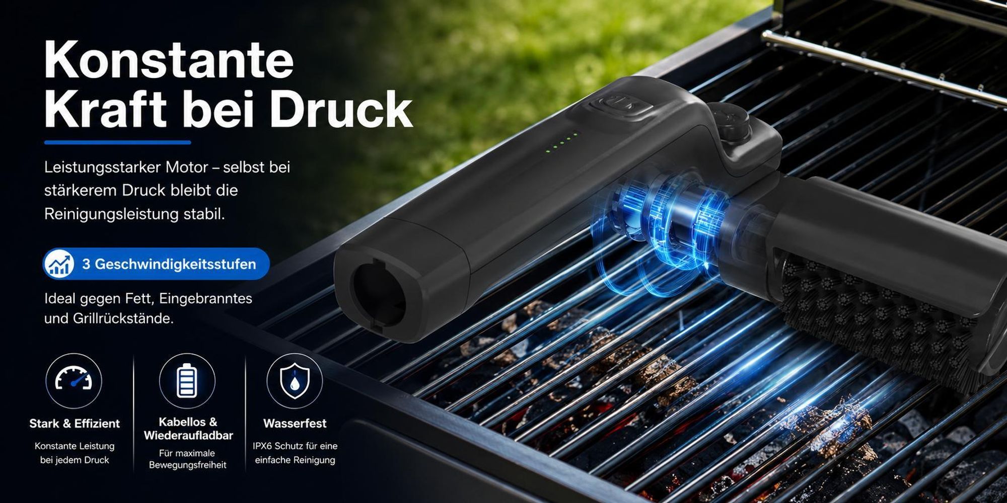 Elektrische Grillbürste kabellos Profi-Set, 2600mAh Akku, 3 Stufen, 180° verstellbarer Bürstenkopf, Edelstahl, USB-C BBQ Reiniger