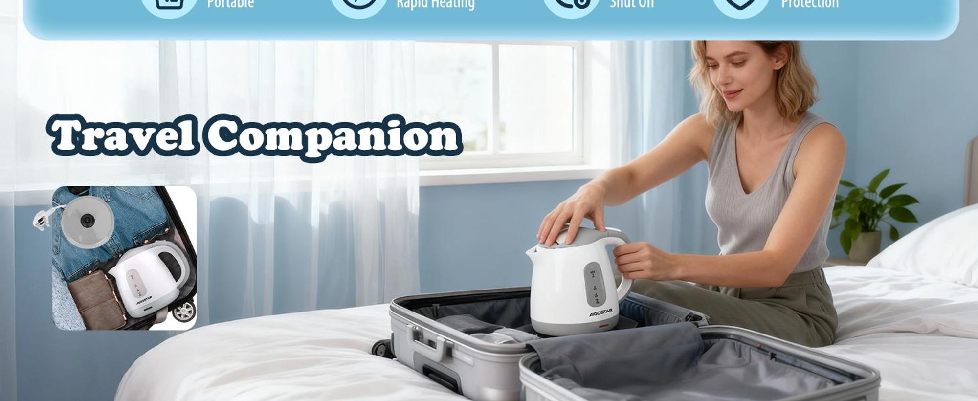 Aigostar- Klein Wasserkocher 1 L, 1100W, Mini Wasserkocher für Schlafzimmer, Reisen, Camping, Abnehmbarer Filter, Weiß Grau