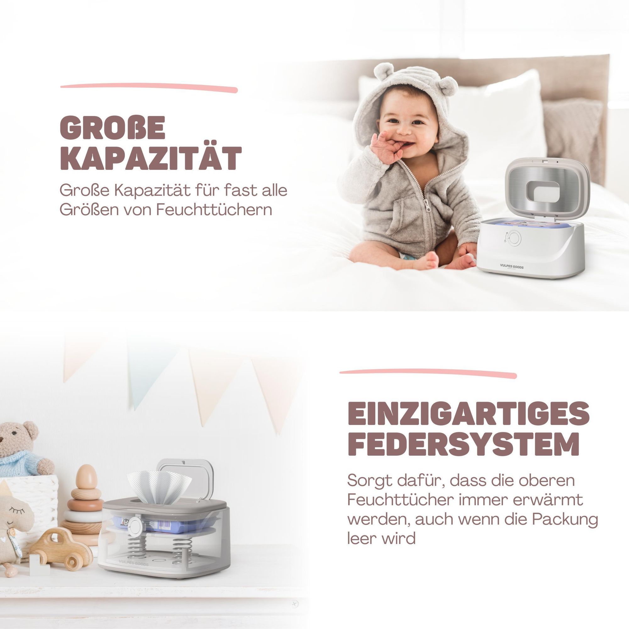 Vulpes Goods Feuchttücherwärmer, Feuchttücherbox, 3 Wärmestufen & schnelle Erwärmung, Konstante Temperatur, Nachtlichtfunktion