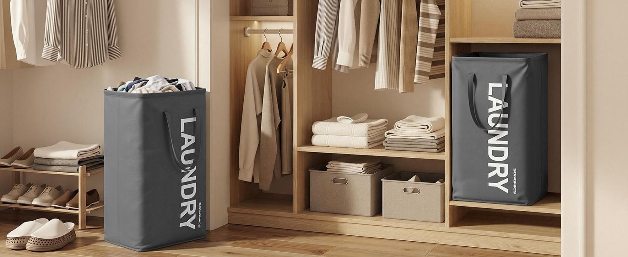 SONGMICS Wäschekorb, 80 L, Wäschesammler faltbar, Aufbewahrungskorb, mit Henkel, Wäschesack, wasserabweisend, für Waschküche, Schlafzimmer