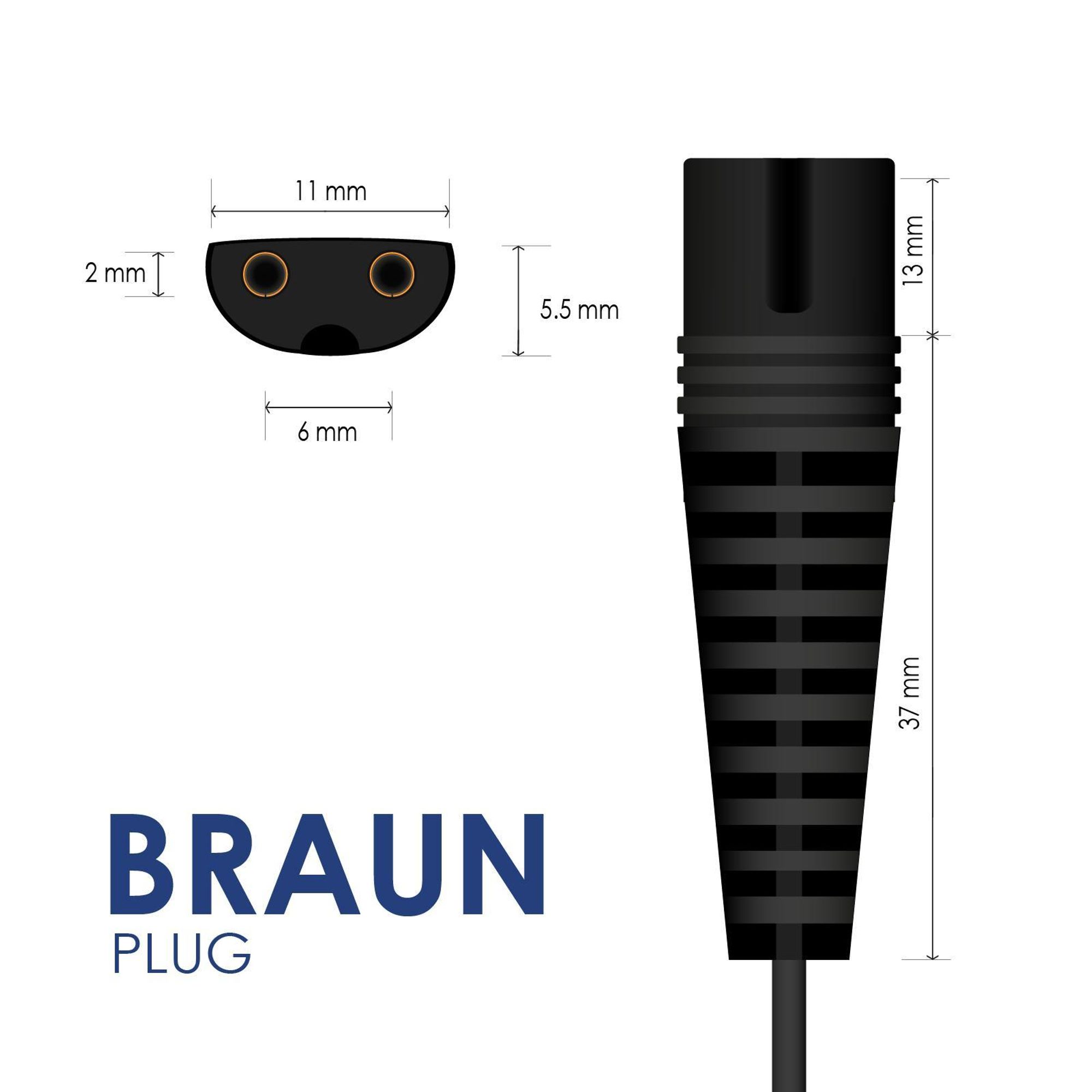 Braun-Stecker mit Darstellung der Abmessungen