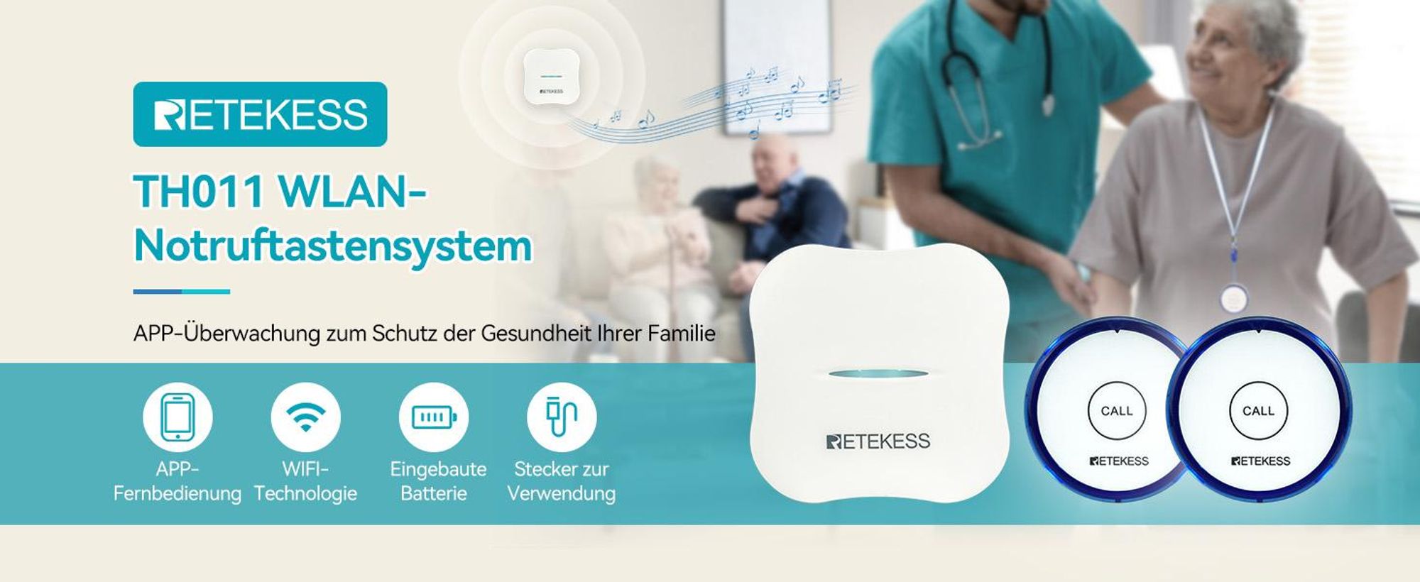 Retekess TH011-TH013 Rufsystem, WLAN Notrufknopf, 2 notrufknopf, Wiederaufladbarer Akku, Alarmanlage für ältere Menschen, Patienten, Klinik