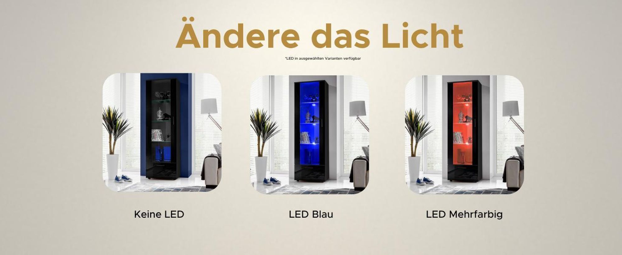 Komodee, Vitrine Schrank Alessandria, Schwarz/Schwarz, Breite 60cm x Höhe 192cm x Tiefe 42cm, 3 Glasböden, 1 Regal aus laminierter Platte, für Wohnzimmer, Schlafzimmer, LED Blau