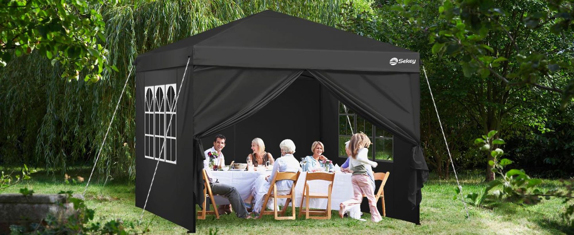 Sekey Faltpavillon 3x3 mit 4 Seitenwänden und mit 4 Sandsäcke, Wasserdicht Pop Up Pavillon für Camping, Festival, Events, Picknicks, Schwarz